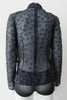 Dark Gathered Top, Generously gathered long sleve top in sheer black with tri-blue dot design. CB zipper and under bust panel trim. 2 invisible side zippers at side seam bottom. Can be paired with 180608D Dark Curve Front Pencil Skirt, CB length 60cm. 50g approximate weight 48% Polyester, 34% Cotton, 18% Nylon. Dry Clean Only. Made in England
