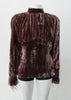 Gathered Top. Rich long sleeve top in deep red-grey streaked velvet. Panel details under bustline to accentuate fit. CB zip and 4.5cm wide collar. Fully lined. CB length from neckpoint 60cm, sleeve length 79cm from side neck point. 450g approximate weight. 75% Viscose, 25% Nylon. Lining 100% Rayon. Dry Clean Only. Made in England