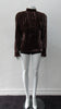 Gathered Top. Rich long sleeve top in deep red-grey streaked velvet. Panel details under bustline to accentuate fit. CB zip and 4.5cm wide collar. Fully lined. CB length from neckpoint 60cm, sleeve length 79cm from side neck point. 450g approximate weight. 75% Viscose, 25% Nylon. Lining 100% Rayon. Dry Clean Only. Made in England