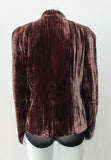 Gathered Top. Rich long sleeve top in deep red-grey streaked velvet. Panel details under bustline to accentuate fit. CB zip and 4.5cm wide collar. Fully lined. CB length from neckpoint 60cm, sleeve length 79cm from side neck point. 450g approximate weight. 75% Viscose, 25% Nylon. Lining 100% Rayon. Dry Clean Only. Made in England