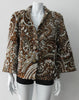 Duster Mini Swing Jacket. Cropped full swing brown, brass and beige multi textured brocade jacket. Including 2 beautiful buttons. CB length 55cm. 1.2kg approximate weight.  71% Wool, 12% Cotton, 10% Acetate, 7% Polyamide. Lining 100% Rayon. Dry Clean Only. Made in England