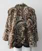 Duster Mini Swing Jacket. Cropped full swing brown, brass and beige multi textured brocade jacket. Including 2 beautiful buttons. CB length 55cm. 1.2kg approximate weight.  71% Wool, 12% Cotton, 10% Acetate, 7% Polyamide. Lining 100% Rayon. Dry Clean Only. Made in England