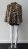 Duster Mini Swing Jacket. Cropped full swing brown, brass and beige multi textured brocade jacket. Including 2 beautiful buttons. CB length 55cm. 1.2kg approximate weight.  71% Wool, 12% Cotton, 10% Acetate, 7% Polyamide. Lining 100% Rayon. Dry Clean Only. Made in England