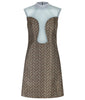 Deep Dip Dress. Sleeveless shift dress in rectangular diagonal tiled weave design in taupish brown. CF dips below bustline, almost to waistline, compiled with sea green sheer mesh. Rib knit collar 4.5cm height. Dress length from CB neckpoint 91.5cm. 50g approximate weight. 80% Nylon, 20% Viscose Contrast: 100% Nylon. Dry Clean Only. Made in England