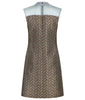 Deep Dip Dress. Sleeveless shift dress in rectangular diagonal tiled weave design in taupish brown. CF dips below bustline, almost to waistline, compiled with sea green sheer mesh. Rib knit collar 4.5cm height. Dress length from CB neckpoint 91.5cm. 50g approximate weight. 80% Nylon, 20% Viscose Contrast: 100% Nylon. Dry Clean Only. Made in England