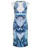 Print Round Waist Dress. Multi-blue coloured wind turbine print dress with dropped front neck, compensating with sheer white mesh on chest and shoulder tips. Turine blade style detail on side hips featuring tri-elastic trim groupings.