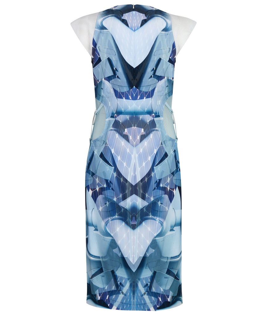 Print Round Waist Dress. Multi-blue coloured wind turbine print dress with dropped front neck, compensating with sheer white mesh on chest and shoulder tips. Turine blade style detail on side hips featuring tri-elastic trim groupings.