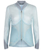 Bust Jacket. Active Zip Jacket in sea green mesh with contrast bubble like sheer crispy fabric paneling, also in sea green. Knit collar and side sleeve hem panel. Double CF zipper.