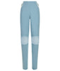 Round Waist Trouser. Straight leg trouser in sea green stretch fabric with mesh knee panel detail and piping. 3 blade turbine concept design on side hips over sheer mesh. CB invisible zipper. Inseam 86cm, Outseam 117cm. 110g approximate weight.