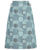 Round Waist Skirt. Medium length skirt in multi coloured sea green weave design. Turbine 3 blade concept design on side hips with stretch trim, over sheer sea green mesh. CB skirt length 59.5cm. 80g approximate weight.