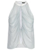 Sheer Gathered Top. Sleevless top in thick white scuba with lower side panel mesh trim. Covered silky sheer mesh gathered over top, attaching to collar. CB invisible zipper. Length from CB neckpoint 54cm. 100g approximate weight.
