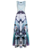 Printed Sport Gown Dress. Wind turbne and glass panel print design long gown style dress, in blue, grey and indications of green colours. Upper sheer paneling in sea green. Side invisible zipper.