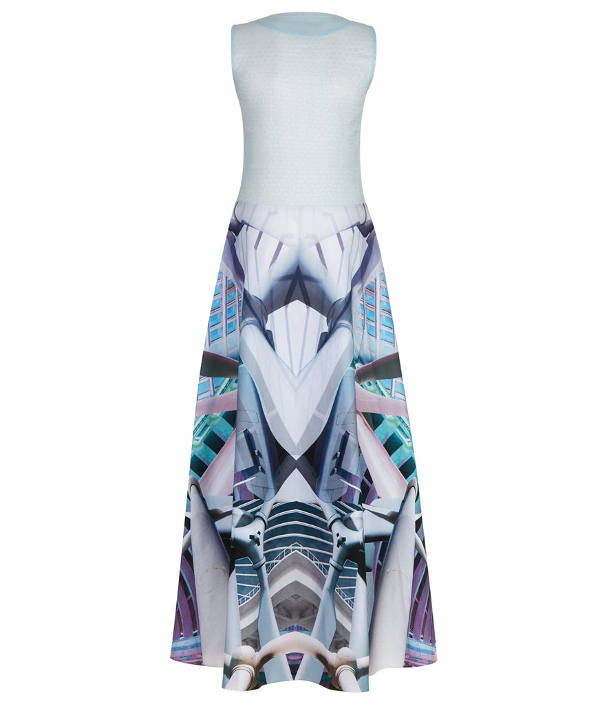 Printed Sport Gown Dress. Wind turbne and glass panel print design long gown style dress, in blue, grey and indications of green colours. Upper sheer paneling in sea green. Side invisible zipper.