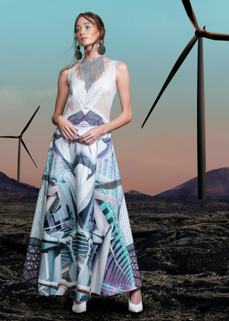 Printed Sport Gown Dress. Wind turbne and glass panel print design long gown style dress, in blue, grey and indications of green colours. Upper sheer paneling in sea green. Side invisible zipper.