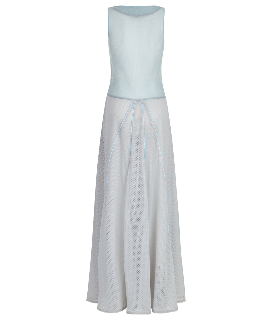 Sport Gown Dress. Full length sporty evening gown-style dress in updated sea green colour with a variation of sheer sport contrast meshs for a paneling effect. Piping on seams leading to a flared hem. Dress length from CB neck point 150cm. 80g approximate weight.