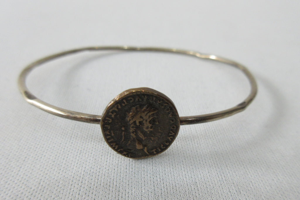 Karyn Chopik Attached Coin Bracelet, Item Number: S1115, Sterling Silver, Antiquated Brass, Size L -Inside Diameter 6.8cm,  40g approximate weight, Made in Canada