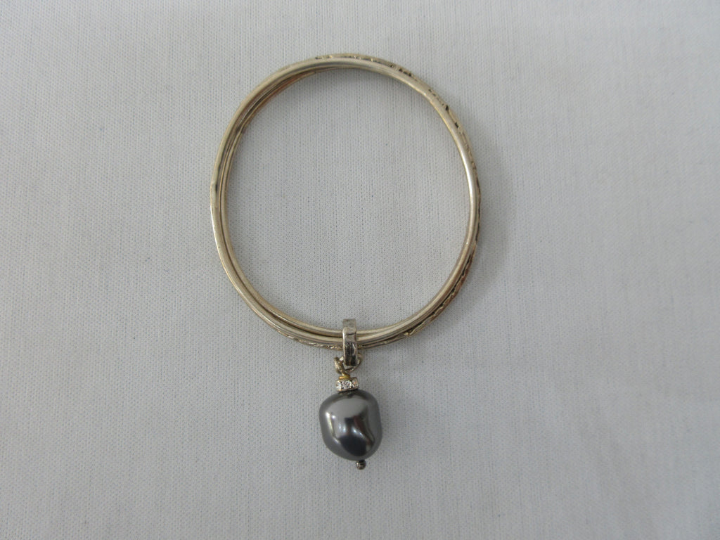 Karyn Choppik Multi 3 Ring Bracelet with Swarowski Pearl, Sterling Silver Bracelets, 1 textured. Combined and attached with Antiquated Brass ring attaching the pearl.  Size M -6.3cm inside diameter x1 Size L -6.8cm inside diameter x1, 40g approximate weight, Made in Canada