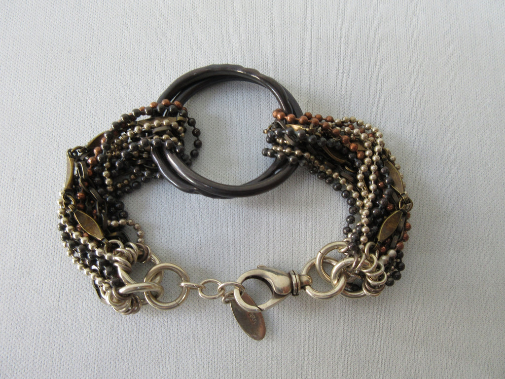 Karyn Chopik Double Ring Bracelet with Dual Joining Mini Chains, Item Number: B1117,  Sterling Silver, Antiquated Brass & Copper, Maximum length 22cm. 220g approximate weight. Made in Canada