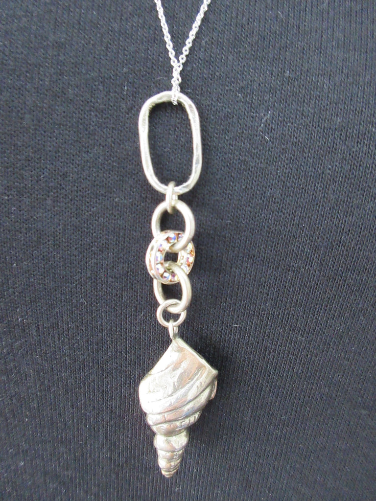 Karen Chopik Thin Chain Seashell Necklace, Large Seashell and Crystal ring combination. Sterling Silver, Max closed length 39.5cm. 40 grams approximate weight. Made in Canada