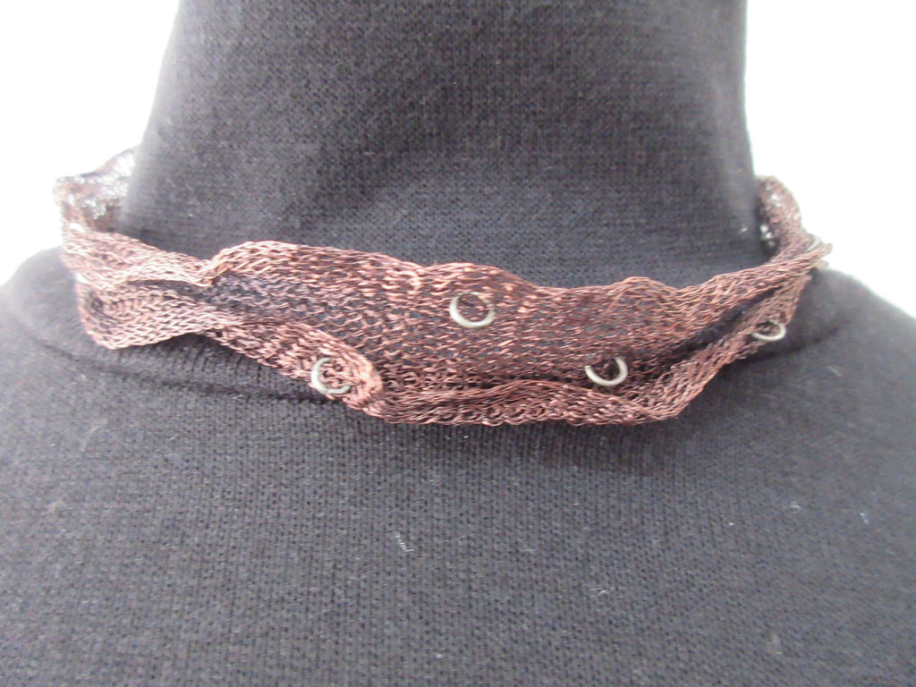 Dark Brown Scrunched Ribbon with Metal Rings Choker, Dark Brown shorter Choker style. 41cm full length, 20.5cm when worn. 6 grams approximate weight