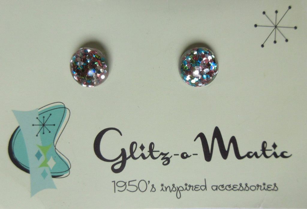Glitz-o-matic Earrings. Vintage style earrings in multicolour glitz under arylic. In original packaging.