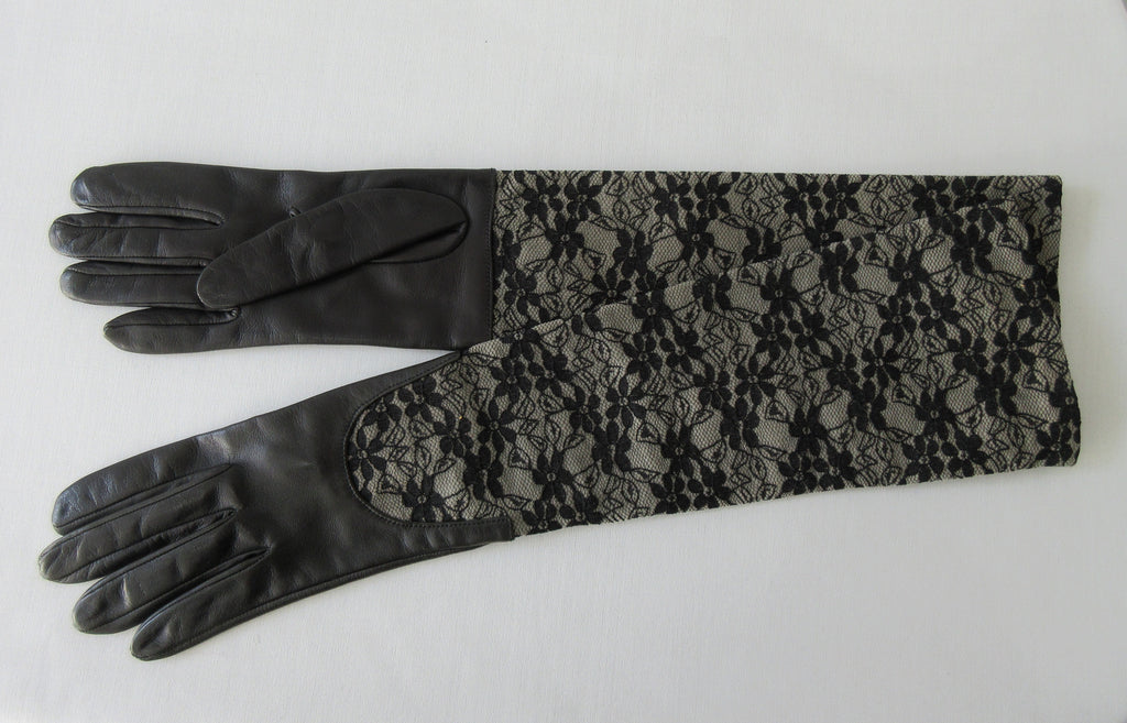 Gala Gloves Long Lace Gloves, Elbow Length. Item Number D441NZSE Nero/Grigo. Long Leather gloves topped with lace trim. Elbow Length. Black with Grey under Black Lace. Made in Italy