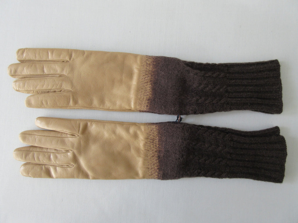 Gala Gloves Brown Knit into Beige Leather Long Glove, Item Number D533NLLA 348 0574 Beige. Dark brown chunky knit woven into beige leather. Longer length, almost to elbow. 70g approximate weight. Made in Italy
