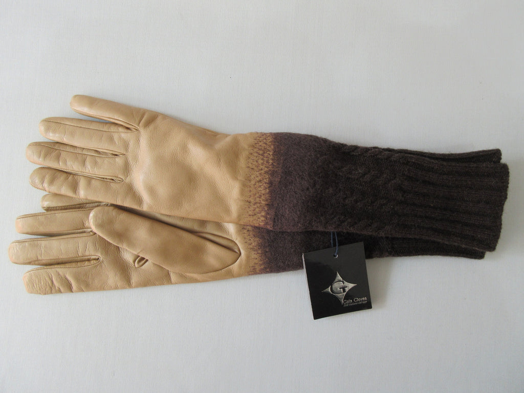 Gala Gloves Brown Knit into Beige Leather Long Glove, Item Number D533NLLA 348 0574 Beige. Dark brown chunky knit woven into beige leather. Longer length, almost to elbow. 70g approximate weight. Made in Italy