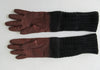 Gala Gloves Brown Knit into Brown Leather Long Glove. Item Number D533NLLA Tan. Dark brown chunky knit woven into dark brown leather. Longer length, almost to elbow, 80 grams approximate weight. Made in Italy