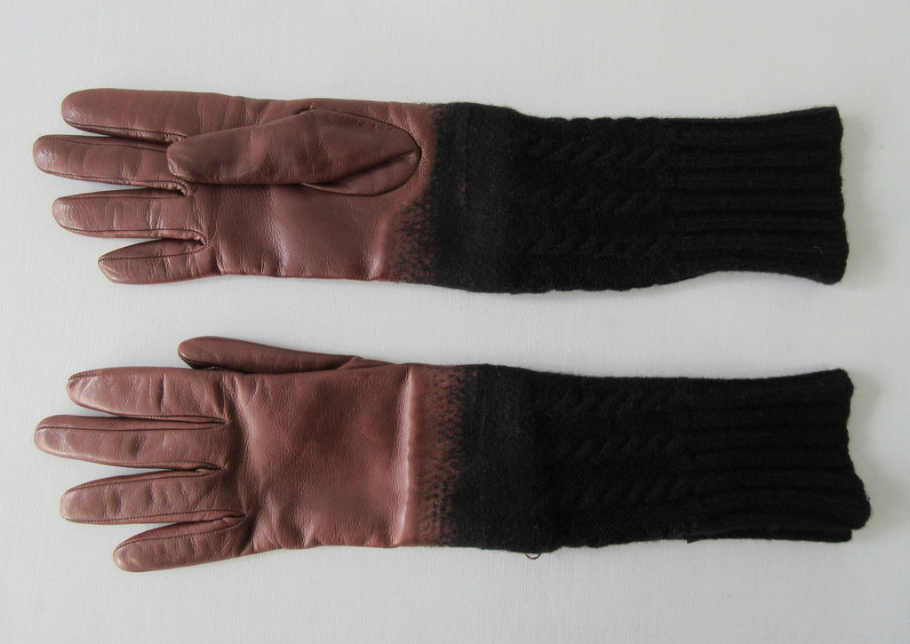 Gala Gloves Brown Knit into Brown Leather Long Glove  Item Number D533NLLA Tan  Dark brown chunky knit woven into dark brown leather.  Longer length, almost to elbow  80 grams approximate weight  Made in Italy