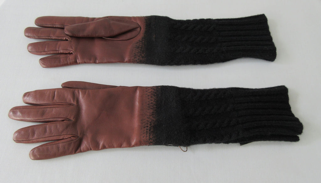 Gala Gloves Brown Knit into Brown Leather Long Glove  Item Number D533NLLA Tan  Dark brown chunky knit woven into dark brown leather.  Longer length, almost to elbow  80 grams approximate weight  Made in Italy