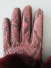 Gala Gloves Couture Bordeaux Snake Skin Gloves with Fur Trim. Item Number D571NPC027 Bordeaux. Red Snakeskin gloves with dark red Fur trim. Fur unknown. Made in Italy. 80g approximate weight