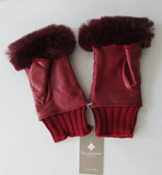 Gala Gloves Couture Red Fingerless Gloves, Item Number D596NALAD261RUB 948.010. Ruby Red coloured textured leather with knit base, leather fingerless glove with fur trim for fingers. Fur unknown. 80g approximate weight. Made in Italy