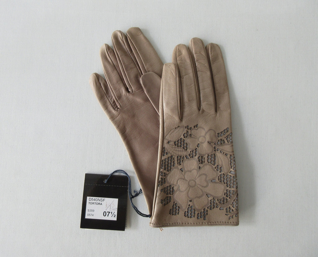 Taupe Floral Cutout Gloves. Item Number D54ONSF Tortora S359 0574. Taupe Leather Gloves with floral cut-out design on top hand. 60g approximate weight. Made in Italy