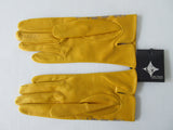 Yellow Floral Cutout Gloves. Item Number D540NSF Giallo Charo 6356.0574. Canary Yellow Leather Gloves with floral cut-out design on top hand. 60g aproximate weight. Made in Italy