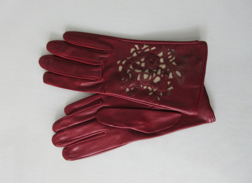 20G14 -Gala Gloves Deep Red Gloves with Cutout Applique Design