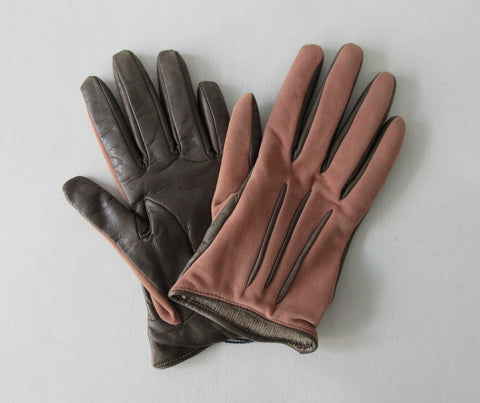 20G02 -Gala Gloves Brown Knit into Beige Leather Long Glove