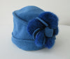 Blue Wool Hat with Mink Trim. Canadian Hat Company. Felt style, with bit of a stretch. Size unknown; inside radius 58cm. 20g approximate weight. Made in Canada