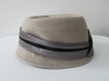 Olka Taupe Hat taupe colour felt with grey/black wrap around sash trim on brim. Size unknown, 57.5cm circumference. Height 12.5cm, Length 26.5cm, width 16.5cm. 26g approximate weight. 100% Wool. Made in Canada.