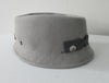 Olka Hats 100% Wool with dark grey felt and Sequin trim. Size unknown, 58.5cm inside circumfrence. Length 26.5cm, Width 20cm, Height 12cm, 26g approximate weight. 100% Wool  Made in Canada