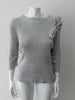 Grey rib knit cardigan with open shoulder applique design on left side. CB Length 60cm, Sleeve Length 54cm, 100% Cotton, Hand wash cold seperately, Dry flat to re-shape. 450g approximate weight, Made in China
