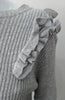 Grey rib knit cardigan with open shoulder applique design on left side. CB Length 60cm, Sleeve Length 54cm, 100% Cotton, Hand wash cold seperately, Dry flat to re-shape. 450g approximate weight, Made in China