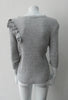 Grey rib knit cardigan with open shoulder applique design on left side. CB Length 60cm, Sleeve Length 54cm, 100% Cotton, Hand wash cold seperately, Dry flat to re-shape. 450g approximate weight, Made in China