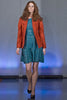 Trench Panel style Jacket in Deep Carrot Orange colour.  Panel design on shoulders and side waist in Deep Carrot Orange colour. Geoetric thread design becomes more fuzzy with aging, natural process and part of the design. CF zipper. 65cm approximate length. 600g approximate weight. Size 6, 80% Wool, 20% Nylon Lining: 100% Rayon Dry Clean Only. Made in Croatia