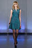Round Seam Dress. Dark sea green textured dress with curved neck panels. With CB zipper. CB length 93cm. 82% Wool, 18% Nylon. Lining: 100% Rayon. Dry Clean Only, Made in Croatia