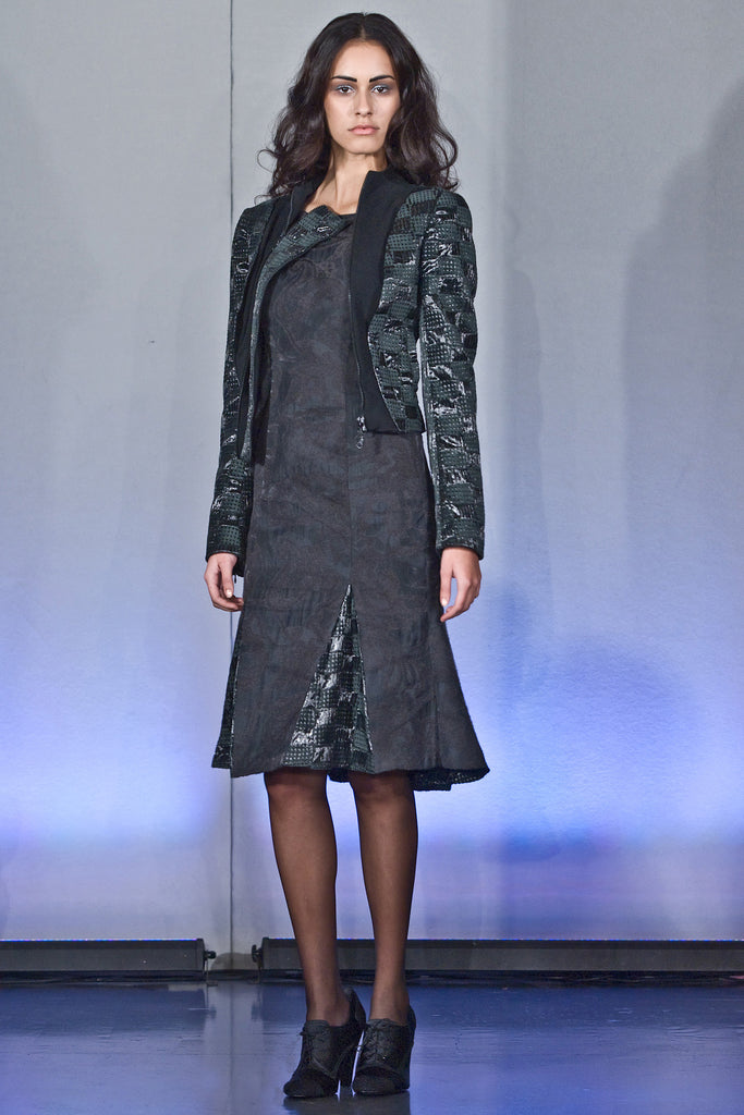 Godet Hem Dress. Rich charcoal grey below the knee dress with lower and wider cut neckline, Dress length from CB 106cm