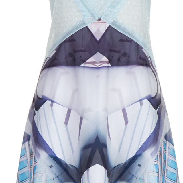 Printed Sport Gown Dress. Wind turbne and glass panel print design long gown style dress, in blue, grey and indications of green colours. Upper sheer paneling in sea green. Side invisible zipper.